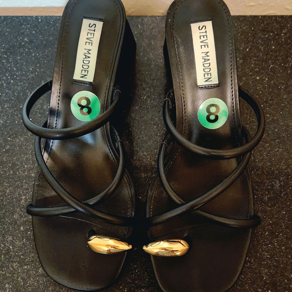 Steve Madden Black and Gold Heels with Strappy Design